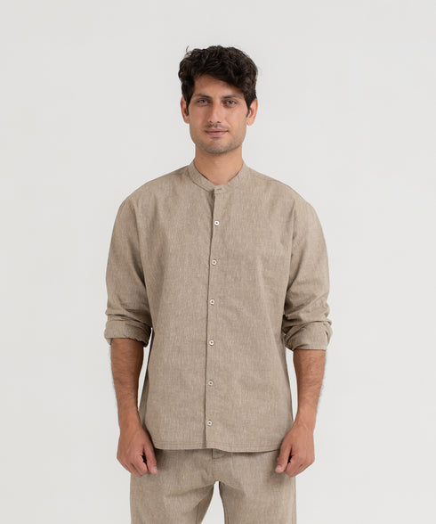 Men's Linen Band Collar Shirt